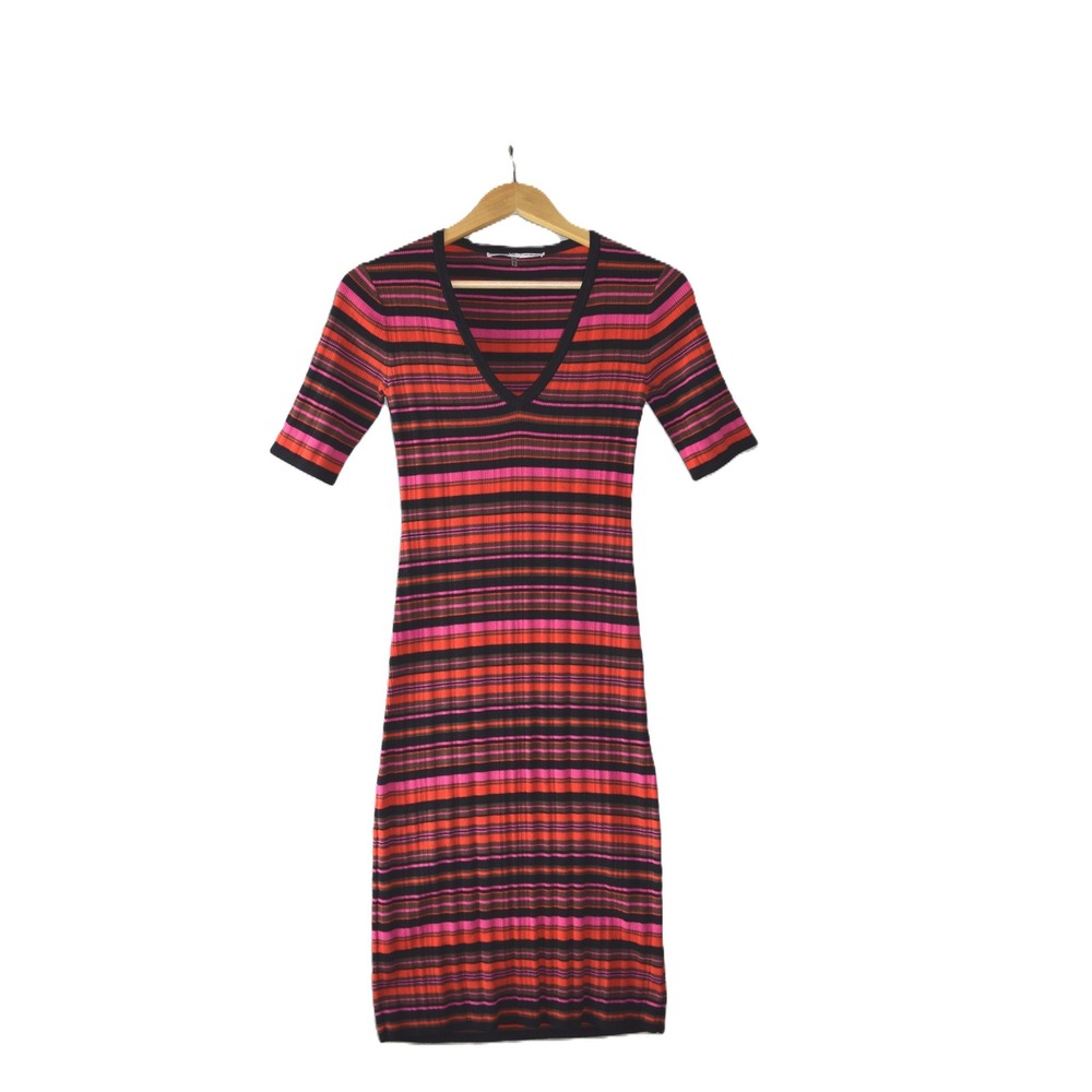 Trina Turk Knit Sheath Dress Women XS Multicolor Stripe V-Neck Ribbed Excellent